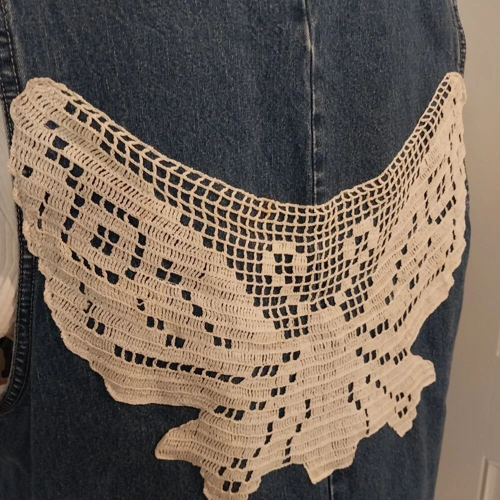 3645 Size 1XL Upcycled Denim Jumper by Sunshine Apparel with Lace Trim. - Picture 7 of 15